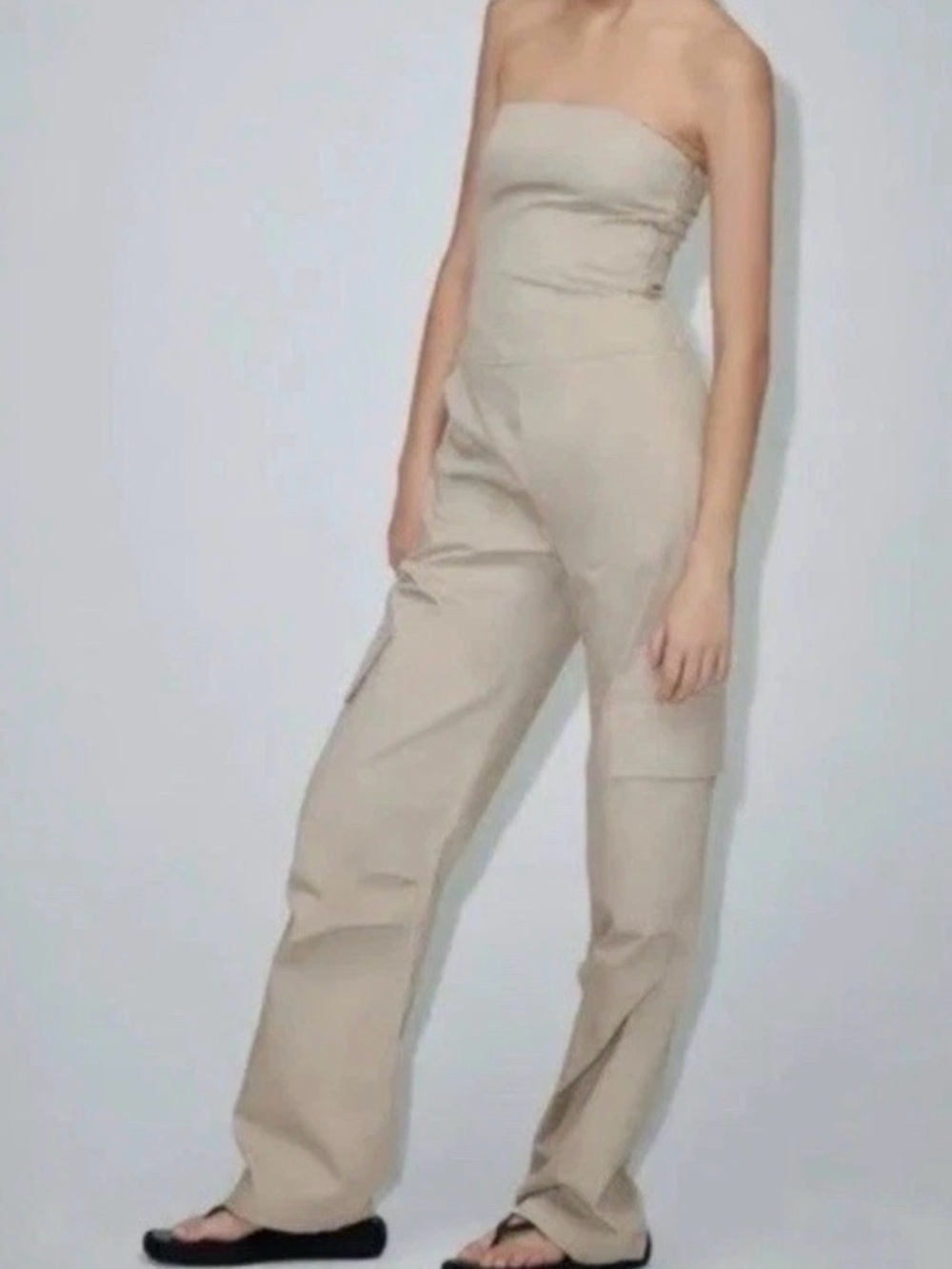 Zara Strapless Wide-Leg Jumpsuit in Beige - Picture 2 of 13